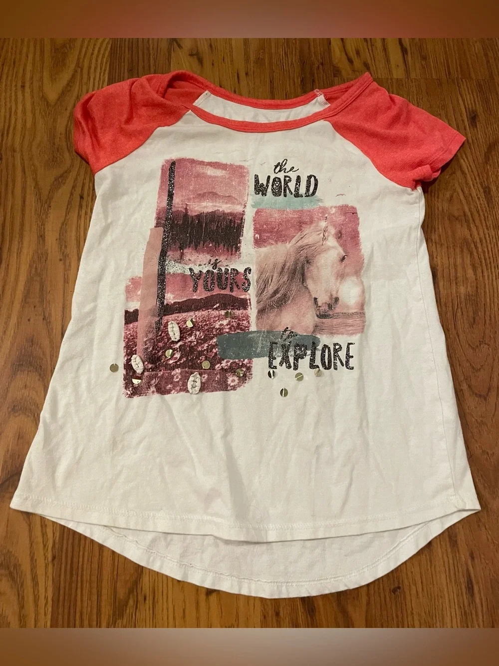 Justice White Tee with Coral Raglan Sleeves and Horse Graphic Super Cute